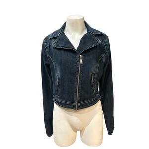 Y2K Cropped Denim Moto Jacket Asymmetrical Zip Front Stretch / Women’s Small -